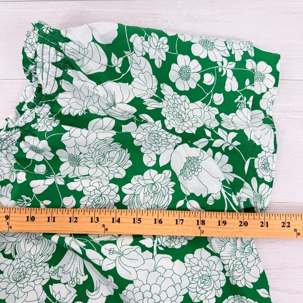 J.Crew One Shoulder Floral Top L Kelly Green Smocked Cotton Poplin Cottagecore - Picture 10 of 14